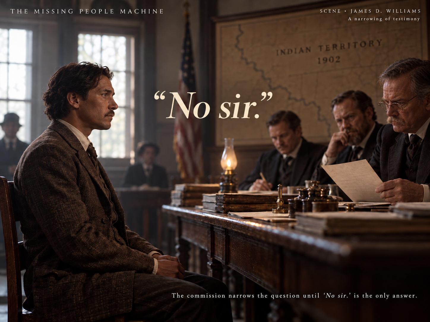 Interpretive James D. Williams commission hearing scene; artistic reconstruction, with an incorrect 1902 label in the artwork